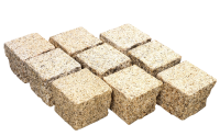 Granit Pflaster gelb 10x10x10 cm (Kiste) Oberfläche gesägt und feingestockt